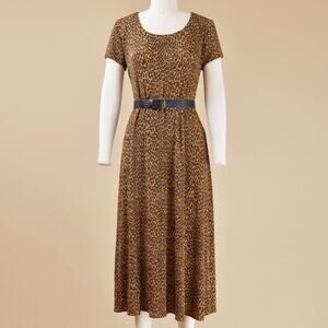 Vintage 90s Leopard Glitter Animal Print Stretchy Knit A-line Midi Dress S M